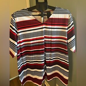 CJ Banks Women’s 2X Red Black White Striped V-Neck Short Sleeve Top